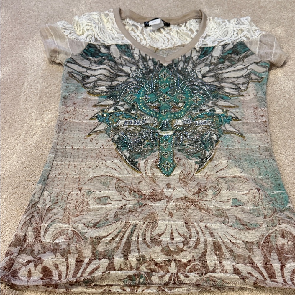Angels & Diamonds Beige and Teal Embellished Top